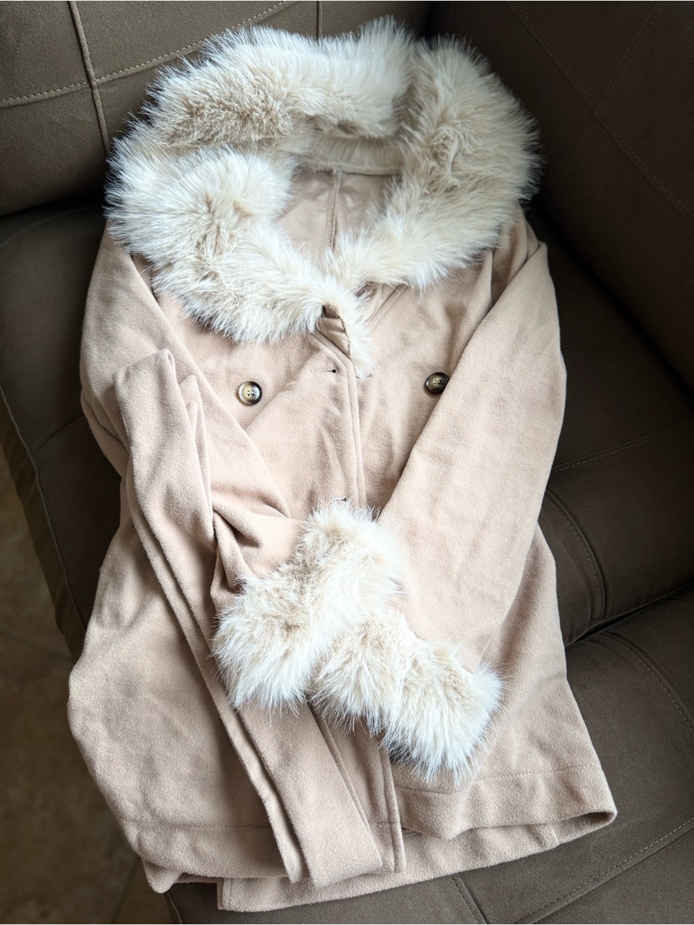 Women's Faux Fur Trim Wool-Blend Coat - Cream